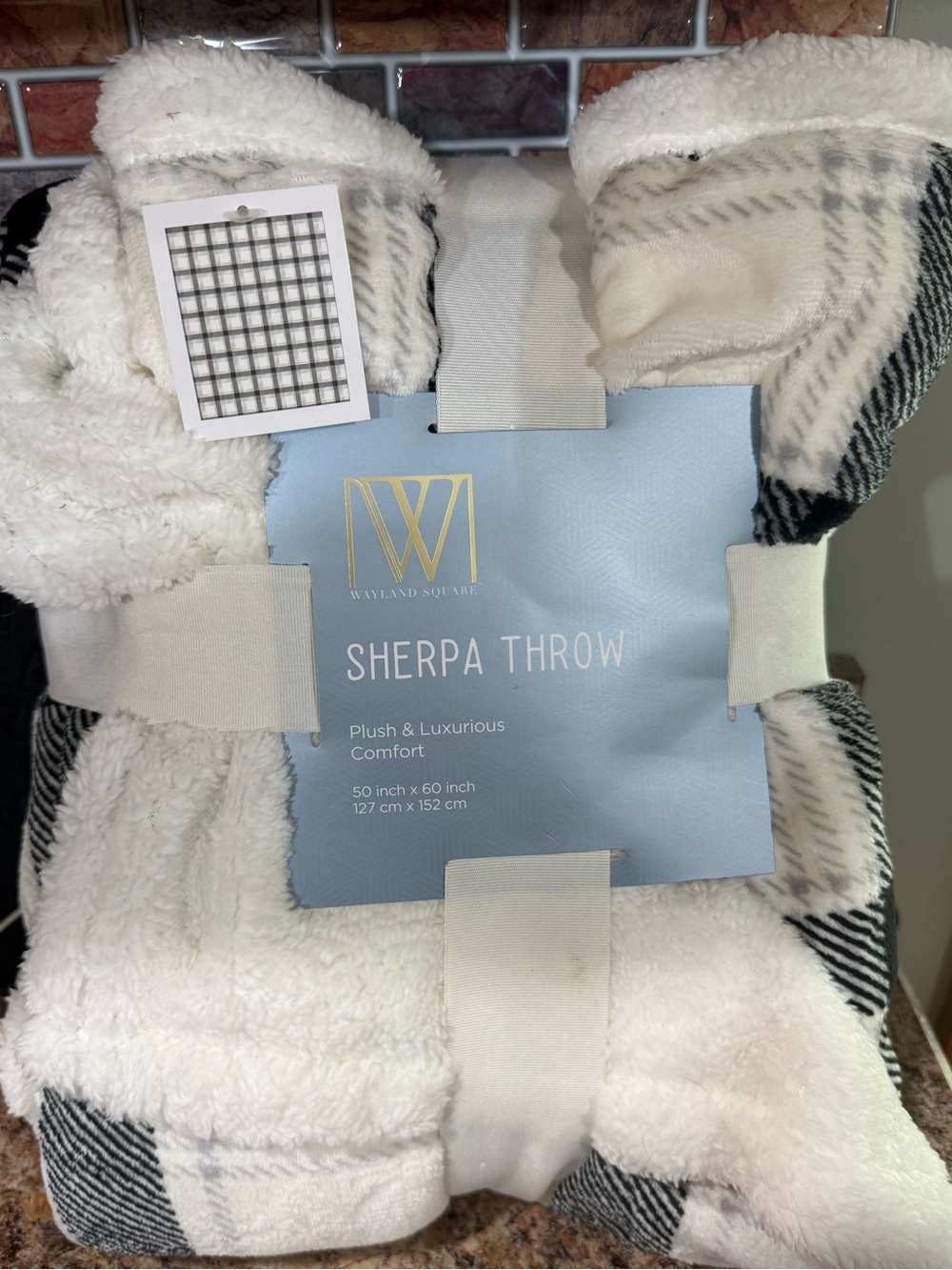 Wayland Square Plaid White & Black Sherpa Throw NWT